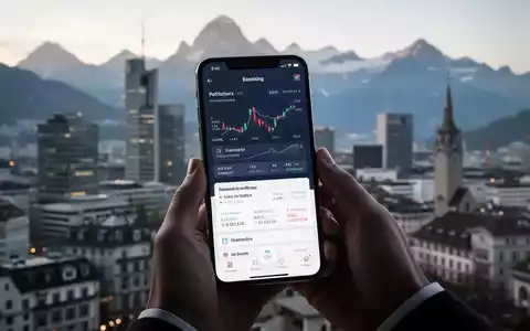 Ein Smartphone zeigt eine moderne Mobile-Banking-App mit Finanzdiagrammen vor einem verschwommenen Schweizer Stadtbild. - Foto: über boerse-global.de