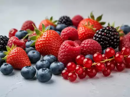 Nahaufnahme von frischen, bunten europäischen Beeren, darunter Erdbeeren, Heidelbeeren, Himbeeren, Brombeeren und Johannisbeeren, auf einer strukturierten Oberfläche. - Foto: über boerse-global.de