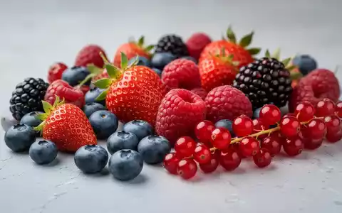 Nahaufnahme von frischen, bunten europäischen Beeren, darunter Erdbeeren, Heidelbeeren, Himbeeren, Brombeeren und Johannisbeeren, auf einer strukturierten Oberfläche. - Foto: über boerse-global.de