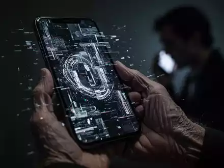 Eine ältere Hand hält ein Smartphone mit einem verzerrten Bildschirm, der digitale Betrugssymbole zeigt. - Foto: über boerse-global.de