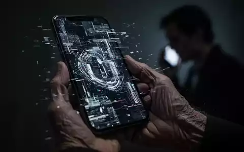 Eine ältere Hand hält ein Smartphone mit einem verzerrten Bildschirm, der digitale Betrugssymbole zeigt. - Foto: über boerse-global.de