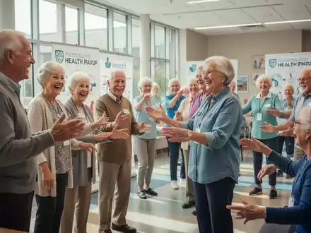 Senioren nehmen an einem Aktionstag teil, einige lachen, andere konzentrieren sich auf Aktivitäten. Helle, einladende Umgebung. - Foto: über boerse-global.de