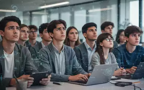 Junge Führungskräfte und Jugendliche, einige gestresst, andere mit digitalen Geräten, in einem modernen Büro. Abstrakte digitale Elemente symbolisieren Technologie und KI. - Foto: über boerse-global.de