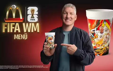 Bastian Schweinsteiger betritt das Spielfeld: Exklusiver Sammelbecher des Weltmeisters nur bei McDonald's Deutschland - Foto: presseportal.de