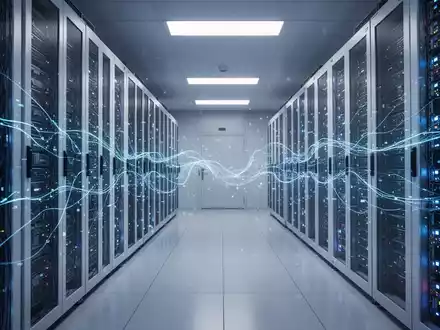 A secure server room with rows of server racks, glowing blue and white, depicting data flow. - Foto: über boerse-global.de