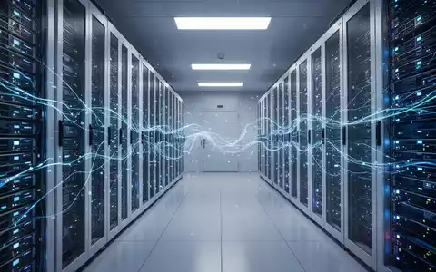 A secure server room with rows of server racks, glowing blue and white, depicting data flow. - Foto: über boerse-global.de