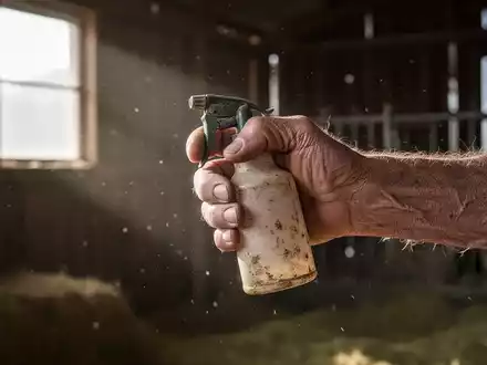 Eine gealterte Hand hält eine alte Pestizidsprühflasche in einer rustikalen Scheune, die das Thema Parkinson und Landwirtschaft symbolisiert. - Foto: über boerse-global.de