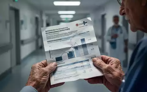 Ältere Hände halten ein zerknülltes deutsches Krankenversicherungsdokument vor dem verschwommenen Hintergrund eines Krankenhausflurs. - Foto: über boerse-global.de