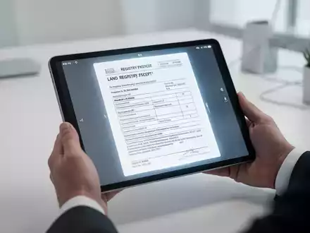 Hände halten ein Tablet, das ein digitales Grundbuchdokument anzeigt, in einem modernen Büro. Fokus auf digitale Zugänglichkeit. - Foto: über boerse-global.de
