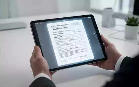 Hände halten ein Tablet, das ein digitales Grundbuchdokument anzeigt, in einem modernen Büro. Fokus auf digitale Zugänglichkeit. - Foto: über boerse-global.de