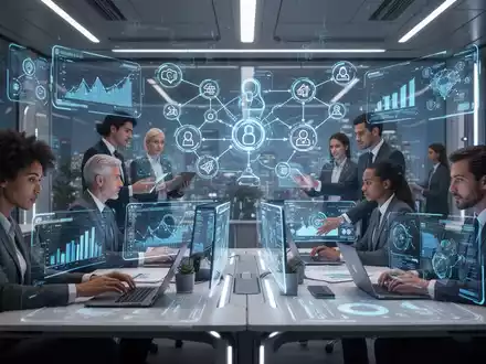 Sleek office environment with professionals interacting with holographic AI interfaces, symbolizing enterprise productivity and advanced technology. - Foto: über boerse-global.de