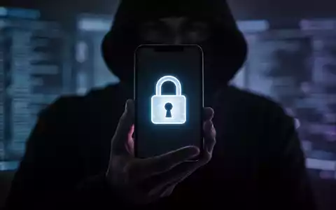 Eine dunkle Figur hält ein Smartphone mit einem leuchtenden Schloss-Symbol auf dem Bildschirm, das digitale Betrugsmaschen darstellt. - Foto: über boerse-global.de