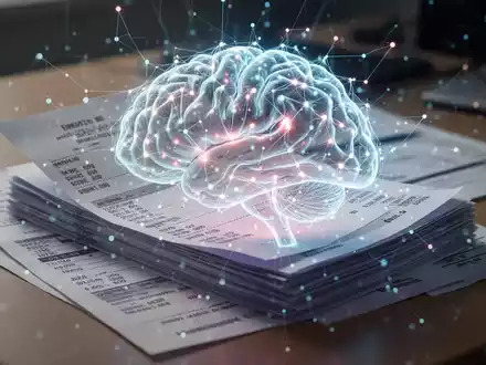 Eine KI-Visualisierung über einem Stapel von Spesenabrechnungen auf einem Schreibtisch, die Automatisierung und Compliance darstellt. - Foto: über boerse-global.de