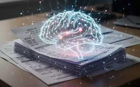 Eine KI-Visualisierung über einem Stapel von Spesenabrechnungen auf einem Schreibtisch, die Automatisierung und Compliance darstellt. - Foto: über boerse-global.de