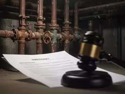 Verrostete Heizungsrohre und Ventile in einem Keller, verschwommen im Vordergrund ein Hammer oder ein Dokument, das Rechtsstreitigkeiten symbolisiert. - Foto: über boerse-global.de