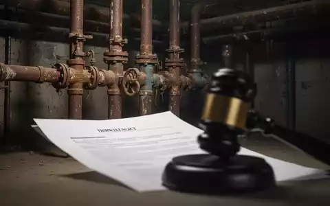 Verrostete Heizungsrohre und Ventile in einem Keller, verschwommen im Vordergrund ein Hammer oder ein Dokument, das Rechtsstreitigkeiten symbolisiert. - Foto: über boerse-global.de