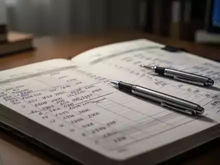Ein offenes Hauptbuch mit handschriftlichen Einträgen und einem Stift, der auf der Seite liegt, auf einem unscharfen Hintergrund eines Heimbüros. - Foto: über boerse-global.de