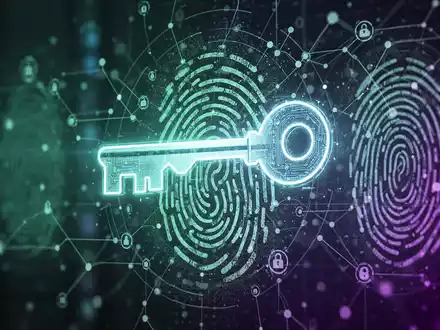 A glowing digital key icon over a background of abstract network connections and biometric patterns, symbolizing secure online authentication. - Foto: über boerse-global.de