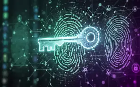 A glowing digital key icon over a background of abstract network connections and biometric patterns, symbolizing secure online authentication. - Foto: über boerse-global.de