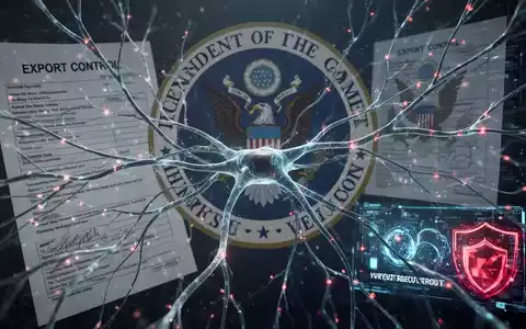 Digital neural network with U.S. government seal, representing AI export controls and cybersecurity scrutiny on advanced models. - Foto: über boerse-global.de
