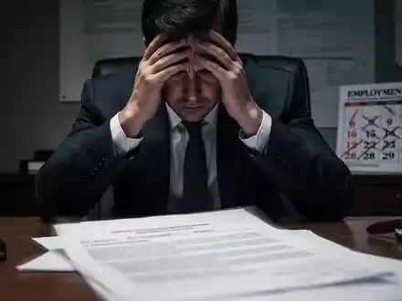 Eine Person sitzt besorgt am Schreibtisch, mit dem Kopf in den Händen, während undeutliche Rechtsdokumente im Vordergrund liegen. - Foto: über boerse-global.de