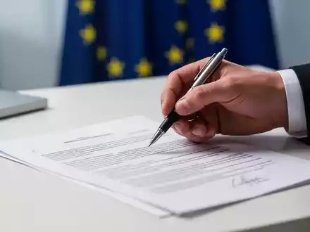 Eine Hand hält einen Stift über Dokumenten mit der Aufschrift „EU-Gesetze“, im Hintergrund verschwommen die europäische Flagge. - Foto: über boerse-global.de