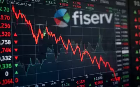 Eine digitale Anzeige mit einem roten Börsenchart, der einen starken Kurssturz der Fiserv-Aktie zeigt. - Foto: über boerse-global.de