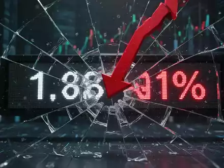 Ein roter Abwärtspfeil durchbohrt einen zerbrochenen Glas-Aktienticker mit negativer Prozentanzeige, auf dunklem, technologischem Hintergrund. - Foto: über boerse-global.de