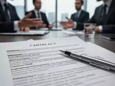 Nahaufnahme eines Vertragsdokuments mit einem Stift, im Hintergrund unscharf diskutierende Personen. Symbolisiert Datenschutz und rechtliche Compliance. - Foto: über boerse-global.de