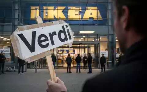 Ein Protestschild mit 'Verdi' davor, dahinter unscharf ein großes Möbelgeschäft mit versammelten Menschen, die einen Streik andeuten. - Foto: über boerse-global.de