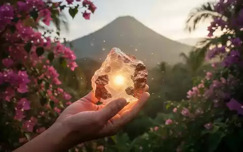 Eine Hand hält eine leuchtende Mineralprobe vor einem verschwommenen Hintergrund aus tropischer Vegetation und Bergen auf Bougainville. - Foto: über boerse-global.de