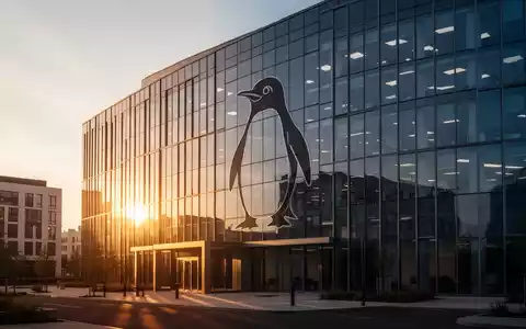 Modernes Bürogebäude mit einer subtilen Pinguin-Silhouette, die in die Architektur integriert ist, bei Sonnenuntergang. - Foto: über boerse-global.de