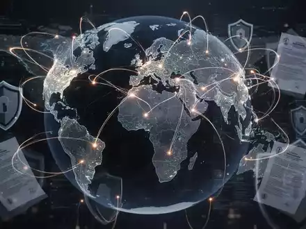 Eine stilisierte digitale Darstellung von Daten, die über ein globales Netzwerk fließen, mit leuchtenden Linien und abstrakten Datenschutzsymbolen. - Foto: über boerse-global.de