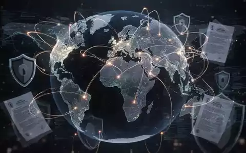 Eine stilisierte digitale Darstellung von Daten, die über ein globales Netzwerk fließen, mit leuchtenden Linien und abstrakten Datenschutzsymbolen. - Foto: über boerse-global.de