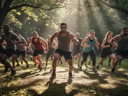 Eine Gruppe von Menschen trainiert bei einem Outdoor-Bootcamp in einer grünen Landschaft, mit starkem Sonnenlicht und Schatten. - Foto: über boerse-global.de