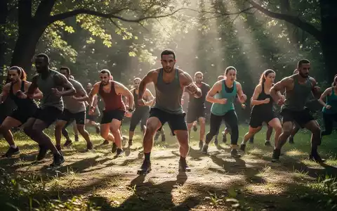 Eine Gruppe von Menschen trainiert bei einem Outdoor-Bootcamp in einer grünen Landschaft, mit starkem Sonnenlicht und Schatten. - Foto: über boerse-global.de