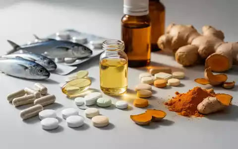Eine Nahaufnahme verschiedener entzündungshemmender Nahrungsergänzungsmittel wie Kapseln, Tabletten, Fischöl und pflanzliche Extrakte auf einer Oberfläche. - Foto: über boerse-global.de