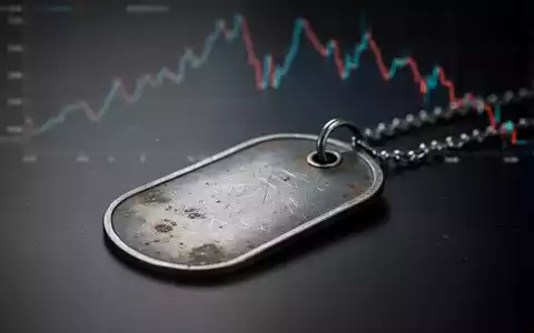 Eine einzelne, angelaufene militärische Erkennungsmarke auf einer dunklen Oberfläche, im Hintergrund eine angedeutete fallende Finanzkurve. - Foto: über boerse-global.de