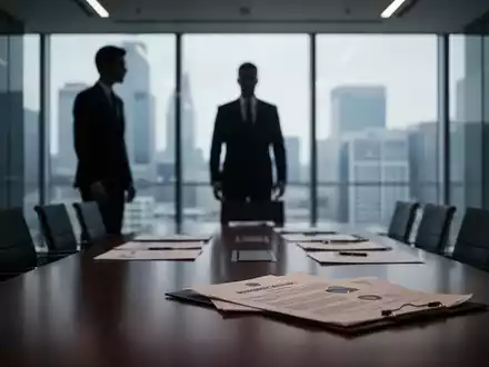 Eine schattenhafte Figur in einem modernen Büro mit einem verschwommenen Konferenztisch voller Dokumente, der Compliance und Recht darstellt. - Foto: über boerse-global.de