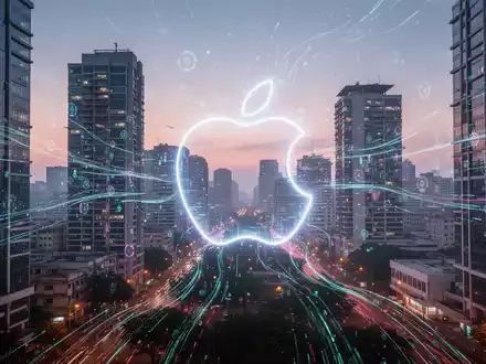 A stylized Apple logo glowing within a futuristic, vibrant cityscape of Bengaluru at dusk, with digital data streams. - Foto: über boerse-global.de
