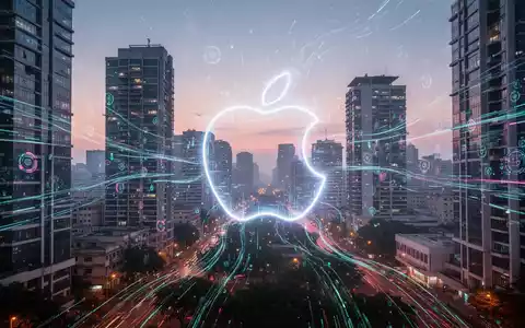 A stylized Apple logo glowing within a futuristic, vibrant cityscape of Bengaluru at dusk, with digital data streams. - Foto: über boerse-global.de