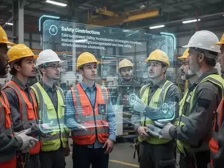 Industriearbeiter mit Sicherheitsausrüstung hören einer Echtzeit-Sprachübersetzung von Sicherheitsanweisungen über eine holografische Schnittstelle zu. - Foto: über boerse-global.de