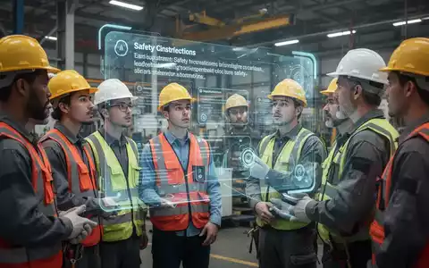 Industriearbeiter mit Sicherheitsausrüstung hören einer Echtzeit-Sprachübersetzung von Sicherheitsanweisungen über eine holografische Schnittstelle zu. - Foto: über boerse-global.de