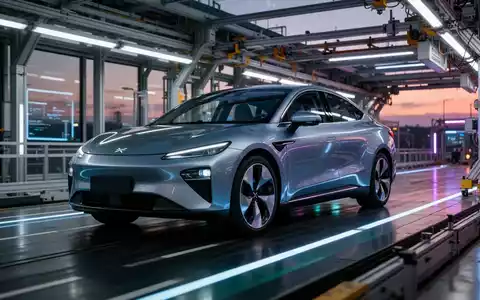 Ein modernes Elektrofahrzeug auf einer Teststrecke oder Montagelinie bei Dämmerung, das Dringlichkeit und Technologie symbolisiert. - Foto: über boerse-global.de