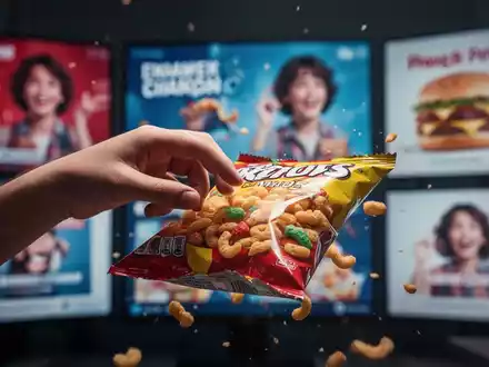 Eine junge Hand greift nach einem verlockend verpackten Snack, im Hintergrund verschwommen digitale Werbeanzeigen auf Bildschirmen. - Foto: über boerse-global.de