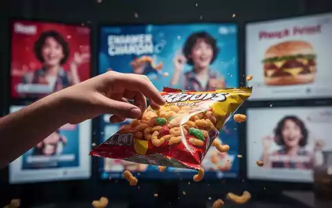 Eine junge Hand greift nach einem verlockend verpackten Snack, im Hintergrund verschwommen digitale Werbeanzeigen auf Bildschirmen. - Foto: über boerse-global.de