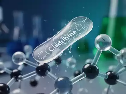 Nahaufnahme eines sich auflösenden oralen Filmstreifens (ODF) auf einem molekularen Modell, das Cladribin darstellt. - Foto: über boerse-global.de