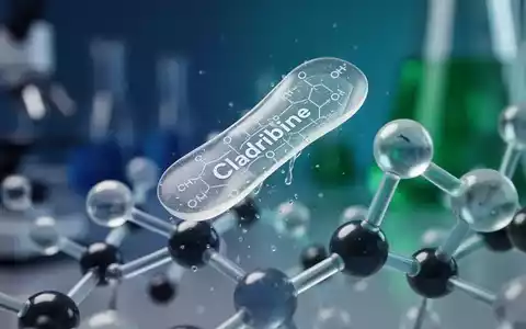 Nahaufnahme eines sich auflösenden oralen Filmstreifens (ODF) auf einem molekularen Modell, das Cladribin darstellt. - Foto: über boerse-global.de