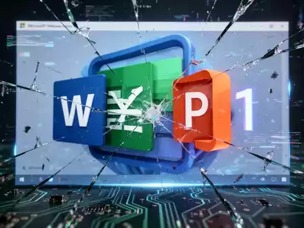 Distorted Microsoft Office logos over a glowing Windows 11 interface, with digital glitches and circuit board patterns. - Foto: über boerse-global.de