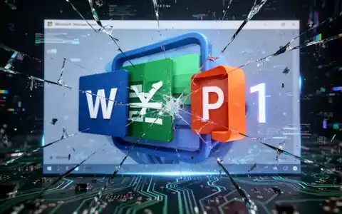 Distorted Microsoft Office logos over a glowing Windows 11 interface, with digital glitches and circuit board patterns. - Foto: über boerse-global.de